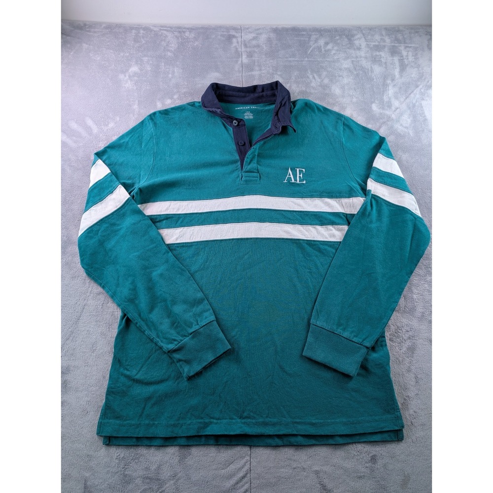 American Eagle Mens Large Green Striped Long Sleeve Rugby Polo Shirt Cotton